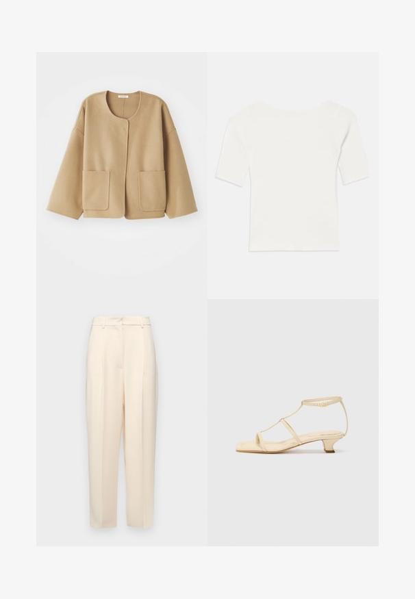 Šviesiai rudas vilnos mišinys, suapvalintu kaklu, kritinėmis petnešomis ir dviem priekinėmis kišenėmis. Paprastas, laisvas dizainas su lygiu tekstūru.; Balta raukšlėta trumpomis rankovėmis palaidinė su plačiu kaklu. Tekstūra turi vertikalias juosteles, pabrėžiančias tvirtą prigludimą ir paprastą dizainą.; Bežinės pritaikytos kelnės su tiesiu kirpimu, su raukšlėmis priekyje, lygia tekstūra ir vidutinio aukščio juosmens. Nematomos kišenės.; Bežiniai aukšti sandalai su T formos dirželiu, kvadratiniu pirštu, reguliuojamu kulkšnies dirželiu ir žemu bloku koto aukščiu. Lygus odos paviršius.