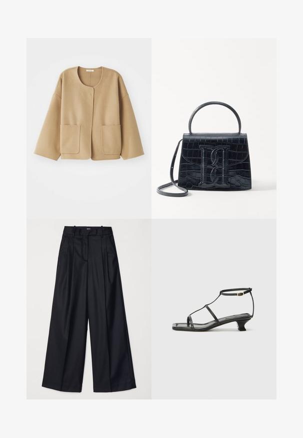 Beige vilnas maisījuma žakete ar apaļu kakla izgriezumu, nolaižamajām plecu daļām un divām priekšējām kabatām. Vienkāršs, brīvs dizains ar gludu tekstūru.; Melns īsām piedurknēm kreklus ar balto uzlīmi iekšā apkaklītē, kas apzīmēta ar "D.R.C. EST. 2002" uz baltas fona.; Melnas platas kājas bikses no gludas auduma, ar augstu jostasvietu, krokām un pielāgotu dizainu. Vienkārša melna aparatūra jostasvietā.; Melna ādas sandale ar kvadrātveida purngalu, plānām siksnām, regulējamu potītes siksnu un zemu papēdi. Iezīme ir neliela zelta akcenta detaļa uz siksnas.; Melnas krokodila rakstā izgatavota ādas rokassoma ar strukturētu dizainu, augšējo rokturi, regulējamu siksnu un izteiktu priekšējo logotipa detaļu.