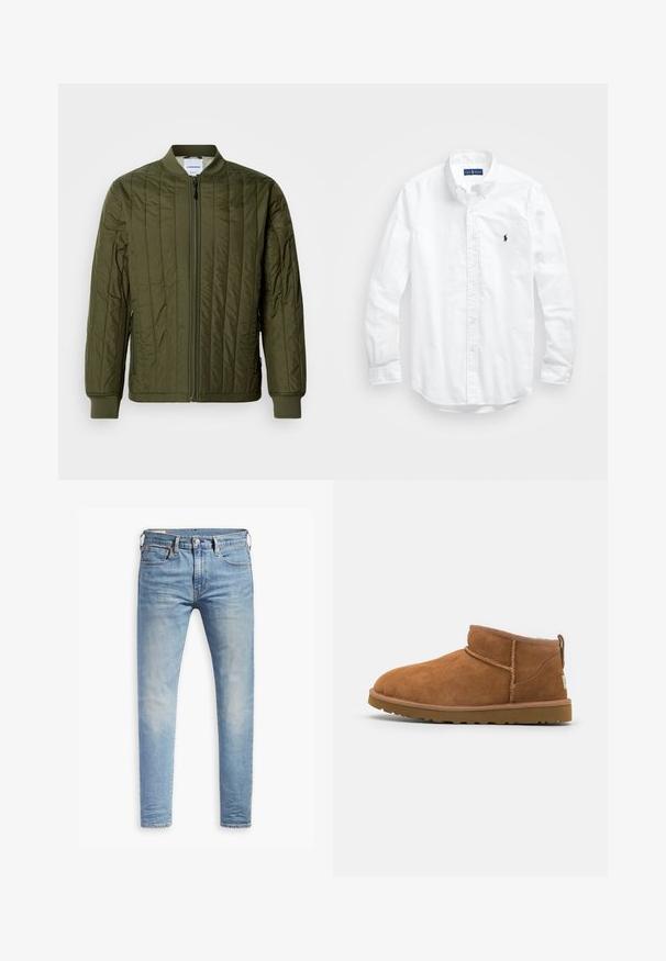 Olijfgroene, gewatteerde bomberjack met een ritssluiting aan de voorkant, ribgebreide boorden en onderrand. Beschikt over zijzakken en een klassiek kraagloos ontwerp.; Witte lange mouwen overhemd van katoen. Voorzien van een klassiek kraag, knopenmanchetten en een klein marineblauw geborduurd logo op de borst.; Lichtblauwe slim-fit jeans met een lichte vervaging op de dijen, knoopsluiting aan de voorkant, riemlussen en vijf-pocket styling op een witte achtergrond.; Tan suède enkellaars met een ronde neus, subtiele stiksels en een gestructureerde rubberen zool. Korte hoogte zonder veters.
