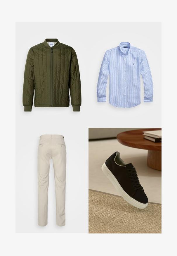 Jachetă bomber în verde măsliniu, matlasată, cu fermoar frontal, manșete și tiv ribben. Prezintă buzunare laterale și un design clasic fără guler.; Cămașă cu dungi albastre și albe, cu mânecă lungă, fabricată din bumbac, având un guler cu nasturi, nasturi pe față și un mic logo brodat pe piept.; Pantaloni bej cu o textură netedă, croială dreaptă, două buzunare laterale cu nasturi și un brâu standard.; Pantof din material textil negru, cu talpă albă, plutind deasupra unui covor texturat bej, lângă o masă rotundă din lemn cu cărți stivuite.