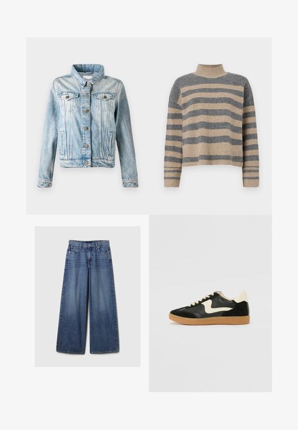 Jaqueta de ganga azul clara com colarinho, fecho de botão, dois bolsos no peito e bolsos laterais. Apresenta um acabamento desbotado e costura em contraste.; Sweater de malha às riscas com cores cinza e bege, gola alta, mangas largas com punhos e um corte solto com design cropped.; Calças de ganga azul de perna larga com um acabamento desbotado, apresentando um fecho de botão e zipper, cinco bolsos e passantes para cinto.; Sapatilha em camurça e couro pretos com um swoosh lateral em creme e um calcanhar em creme claro. Apresenta atacadores bege e uma sola de borracha tipo gum.