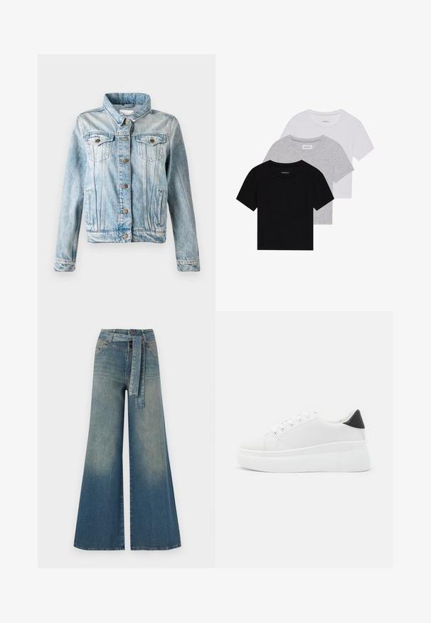 Svetlo modra jeansa jakna s ovratnikom, z gumbom spredaj, dvema žepoma na prsih in stranskima žepoma. Ima zbleden zaključek in kontrastno šivanje.; Komplet treh majic s kratkimi rokavi v črni, sivi in beli barvi. Izdelane iz bombaža, z okroglim izrezom in preprostim, enobarvnim dizajnom.; Široke jeans hlače z gradientom od svetlo do temno modre, visokim pasom, zankami za pas in pasom iz istega materiala. Tekstura denim končnica.; Bele platform tenisice izdelane iz gladkega sintetičnega materiala, z zaobljenim prstom, sistemom vezalk in teksturiranim gumijastim podplatom. Črn dodatek na peti.