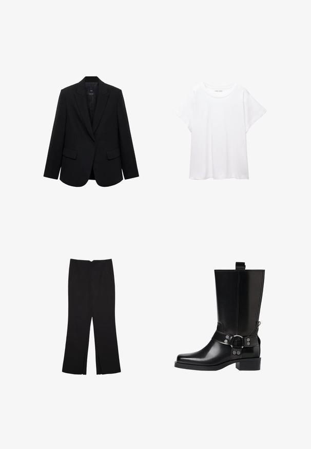 Blazer nero realizzato in tessuto liscio, con rever a punta, chiusura a un bottone e due tasche frontali, dal taglio strutturato.; T-shirt bianco realizzato in un tessuto morbido e leggero. Presenta un collo rotondo e maniche corte e larghe con vestibilità morbida. Nessun motivo visibile.; Pantaloni neri a gamba dritta, con tasche frontali e spacchi laterali all'orlo. Realizzati in tessuto morbido e liscio. Adatti a diverse occasioni.; Stivale in pelle nera alto fino al ginocchio con punta affusolata, dettagli in argento e tacco largo. Presenta un inserto per facilitare l'indossamento.