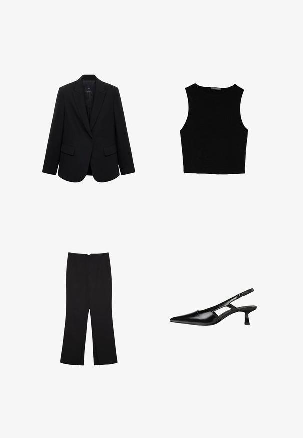 Čierny blazer vyrobený z hladkej látky, s klopovým golierom, jedným gombíkovým zapínaním a dvoma prednými vreckami s štruktúrovaným strihom.; Čierny bezrukávový crop top vyrobený z hladkej tkaniny, so zaobleným výstrihom a čistým, jednoduchým dizajnom bez vzorov alebo kovania.; Čierne nohavice so strihom rovného strihu, s prednými vreckami a bočnými rozparkami na leme. Vyrobené z mäkkej, hladkej tkaniny. Vhodné na rôzne príležitosti.; Čierne lakované kožené lodičky na podpätku s špicatou špičkou, výrezovým dizajnom na boku a malým štvorcovým podpätkom. Hladký povrch s minimálnymi akcentmi.