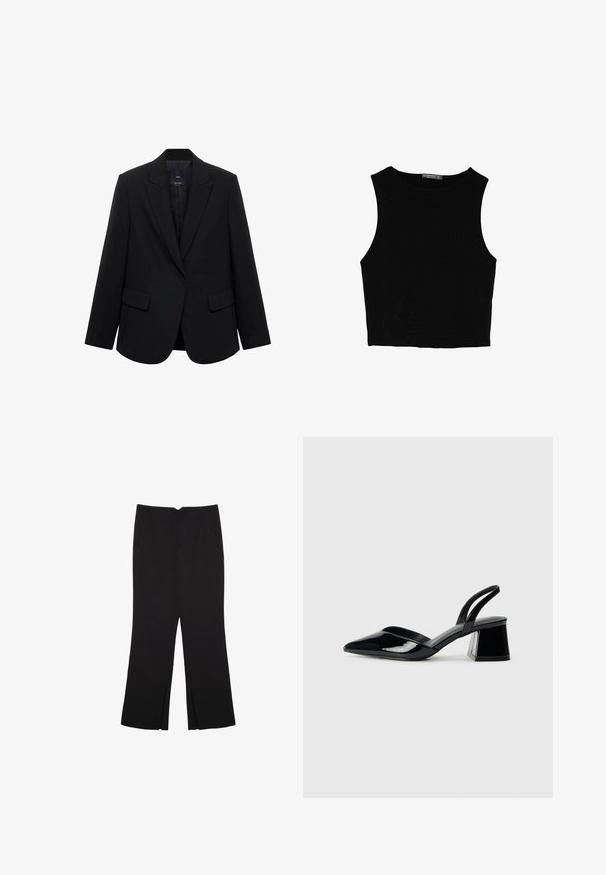 Črn blazer iz gladkega materiala, z ožjimi klapnicami, enojnima gumbom in dvema sprednjima žepoma, z strukturiranim krojem.; Črn brez rokavov crop top, izdelan iz gladkega materiala, z okroglim izrezom in čistim, preprostim dizajnom brez vzorcev ali dodatkov.; Črne hlače ravnega kroja z naglavnimi žepi in stranskimi razporki na robu. Narejene iz mehke, gladke tkanine. Primerne za različne priložnosti.; Črne lakirane slingback pete s koničastim nosom in geometrijsko blokasto peto. Imajo eleganten, minimalističen dizajn in gladko teksturo.