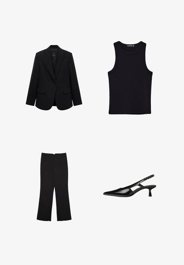 Crni blejzer od glatkog materijala, s reverima, zatvaranjem na jedan gumb i dva prednja džepa, s oblikovanim krojem.; Crni top bez rukava od pamuka, s okruglim izrezom i širokim izrezima za ruke. Glatka tekstura s ušivenim rubovima. Klasičan, minimalistički dizajn.; Crne hlače ravnog kroja, s prednjim džepovima i bočnim prorezima na rubu. Izrađene od mekog i glatkog materijala. Pogodne za razne prigode.; Crne lakirane natikače na remenčić sa špicastim nosom, dizajnom sa izrezima sa strane i malim kvadratnim potplatom. Glatka tekstura s minimalnim akcentima.