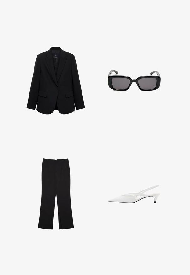 Crni blejzer od glatkog materijala, s reverima, zatvaranjem na jedan gumb i dva prednja džepa, s oblikovanim krojem.; Crni top bez rukava od pamuka, s okruglim izrezom i širokim izrezima za ruke. Glatka tekstura s ušivenim rubovima. Klasičan, minimalistički dizajn.; Crne hlače ravnog kroja, s prednjim džepovima i bočnim prorezima na rubu. Izrađene od mekog i glatkog materijala. Pogodne za razne prigode.; Bijela slingback potpetica s oštrom punta, koja ima glatki gornji dio, suptilne izreze i nisku blok potpeticu. Crna potplata naglašava dizajn.; Crne pravokutne sunčane naočale s tamnim lećama, glatkim plastičnim okvirom i zakrivljenim državama. Dizajn je masivan s minimalističkom estetikom.