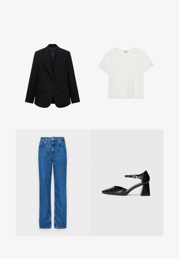 Sacou negru dintr-un material neted, cu rever decupat, închidere cu un singur nasture și două buzunare frontale, având o croială structurată.; Tricou alb cu mânecă scurtă, made din bumbac moale. Are un guler rotund și o croială lejeră. Design curat, fără modele sau accente vizibile.; Jeans din denim albastru cu un design cu talie înaltă, siluetă dreaptă, accente de cusături albe și o închidere clasică cu nasture la talie.; Pantofii negri din piele lăcuită cu toc înalt, vârf ascuțit, curea la gleznă și model texturat de crocodil. Design cu toc pătrat.