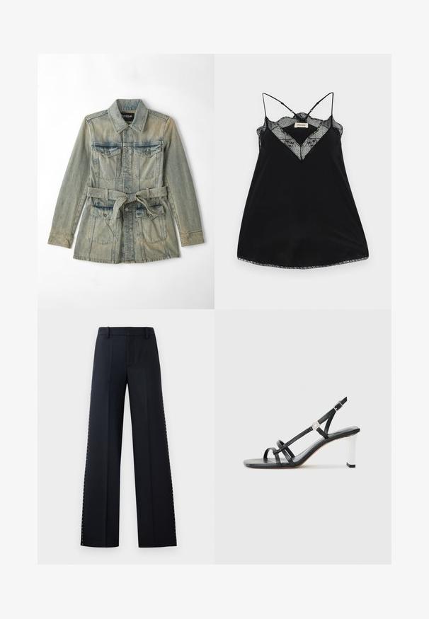 Hele sinine teksajakk, millel on krae, ees taskud klappidega, vöökoht ja nup closure'id. Kulunud tekstuur lisab detaili.; Musta kampsun, millel on reguleeritavad rihmad, pitsist madal kaelus ja lainelised ääred. Sile kangas, millel on kerge sära.; Mustad püksid mustas värvitoonis. Kohandatud istuvus ja sile tekstuur. Küljelt ääre ääres on metallist nupud detailiks.; Mustad musta värvi kontsaga sandaalid mitme kitsaste rihmaga, slingback disainiga ja hõbedase aktsendiga kontsal. Sile ülemine materjal ja kvartskonts.