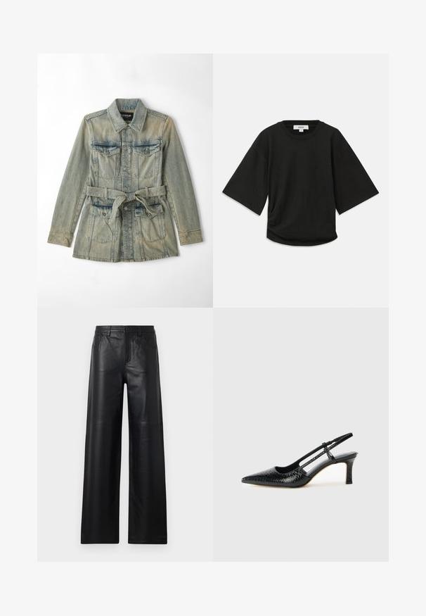 Vaalean sininen farkkutakki, jossa on kaulus, etutaskut läpillä, vyötärö vyöllä ja napitettavat sulkimet. Haalistunut pinta tuo lisätyyliä.; Musta lyhythihainen t-paita pehmeää puuvillakangasta, jossa on pyöreä kaula-aukko ja rento leikkaus, jossa on huomaamaton keräysdetaili sivussa.; Lepas hitam lebar dari kulit dengan tekstur halus, dilengkapi saku depan, penutupan kancing, dan detail jahitan yang halus.; Musta patent slingback-kiilakorko teräväkärkisellä muotoilulla, jossa on teksturoitu käärmeennahkakuosi, säädettävä remmi ja lyhyt, teksturoitu blokkiheel.