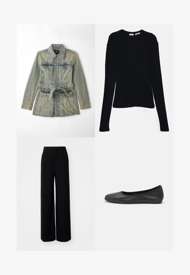 Hele sinine teksajakk, millel on krae, ees taskud klappidega, vöökoht ja nup closure'id. Kulunud tekstuur lisab detaili.; Must mustärg pikkade varrukatega topp, mis on valmistatud pehmest kangast. Topil on ümar kaelus ja lõdvem lõige, mille ääres on külgedel lõiked, et liikuda mugavalt.; Mustad laiad püksid kõrge vöökohaga, sileda kangaga, eesnupu sulgmisel ja nähtamatute taskutega, millel on kohandatud lõige.; Musthave mustika tantsutossud mustast nahast, ümmarguse varbaga, siledast tekstuurist, minimaalse õmblusdetailiga ja paindliku tallakujundusega.