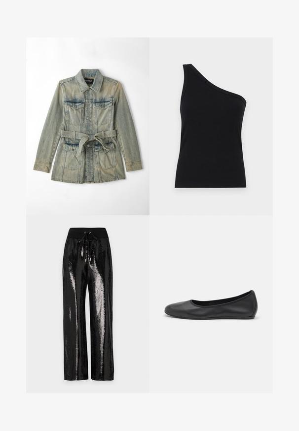 Jeansjacka i ljusblått, med krage, framfickor med lock, midja med bälte och knappstängning. Det urtvättade utseendet ger extra detalj.; Enaxlad svart ribbad linne med en figurnära design och mjuk textur. Har en ren, minimalistisk skärning och slät halsringning.; Svarta paljettbyxor med vida ben och elastisk midja med dragsko. Tyget har en reflekterande, glansig textur.; Svart läderballerinaskor med rund tå, slät yta, minimala söm detaljer och en flexibel sula.