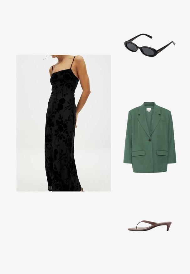 Gestuz CALLIA - Short coat - posy green melange; NA-KD Maxi dress - black; Brown heeled flip-flop sandal with a slender strap and rounded toe post, featuring a small gold accent on the footbed.; Black oversized sunglasses with oval lenses, smooth plastic frame, and gold accents on temple. Dark lenses provide sun protection.; Brown suede handbag with a structured triangle shape, a top handle, and a flap closure. Features subtle logo detail on the side.