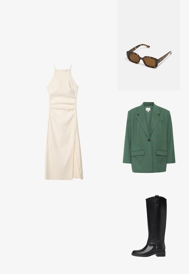 Gestuz CALLIA - Pitkä takki - posy green melange; Stradivarius HALTER - Kotelomekko - stone; Mustat polvipituiset saappaat, jotka on valmistettu sileästä synteettisestä materiaalista. Varusteena pyöristetty kärki, matala lohkokorko ja pystysaumakuviointi.; Kaurisilmät, joissa on pyöreä, jämäkkä kehys ja ruskeat linssit. Ominaisuuksiin kuuluvat hillityt kuviot sekä suorat, kapenevat sangan osat.