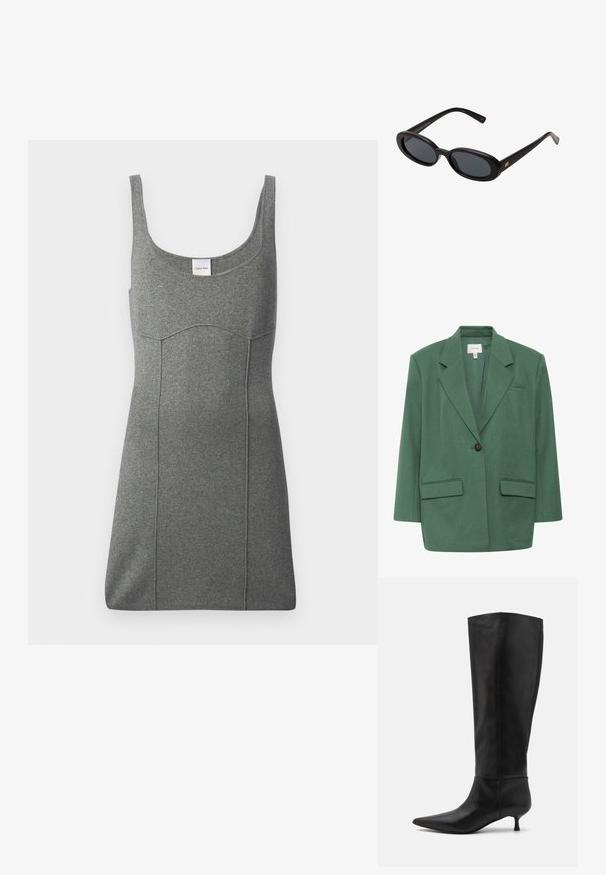 Gestuz CALLIA - Short coat - posy green melange; Gray sleeveless dress made of jersey material, featuring a rounded neckline, fitted shape, and subtle seam detailing. Label visible at neckline.; Knee-high black leather boots with a pointed toe and a kitten heel. Smooth texture and minimalist design without visible hardware or accents.; Black oversized sunglasses with oval lenses, smooth plastic frame, and gold accents on temple. Dark lenses provide sun protection.; Brown suede handbag with a structured triangle shape, a top handle, and a flap closure. Features subtle logo detail on the side.