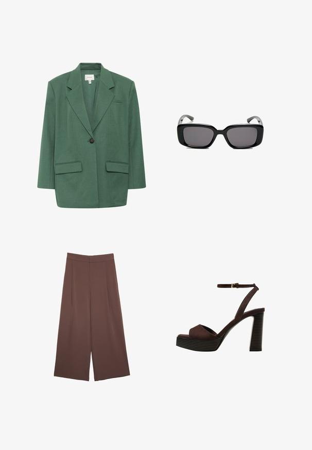 Gestuz CALLIA - Pitkä takki - posy green melange; Tummanruskea neulottu paita, jossa on pyöreä kaula-aukko, roikotetut hartiat, ribatut hihansuut ja helma, pehmeällä tekstuurilla ja rennolla istuvuudella.; Ruskeat leveälahkeiset housut, joissa on sileä pinta, korkea vyötärö ja etupleat. Kangas on kevyttä ja laskeutuu väljänä.; Ruske kožne sandale s visokom potpeticom, otvorenim prstima, podesivim kopčanjem oko gležnja i prugastim platformskim đonom.; Mustat suorakulmaiset aurinkolasit tummilla linsseillä, sileä muovikehys ja kaarevat templet. Suunnittelu on jykevä ja minimalistinen.
