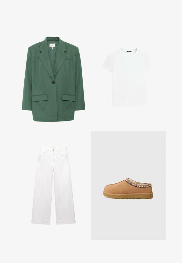 Gestuz CALLIA - Kort kappa / rock - posy green melange; Vit kortärmad T-shirt i mjuk bomull, med rund halsringning och en avslappnad passform med upprullade fållar. Inga mönster eller detaljer.; Vita vida jeans i bomull med hög midja, fem fickor och detaljer i mässing. Slät, odistressad yta.; Tan mockasiner i mocka med en texturerad ullfoder och dekorativt etniskt inspirerad broderi runt kragen. Har en gummisula.