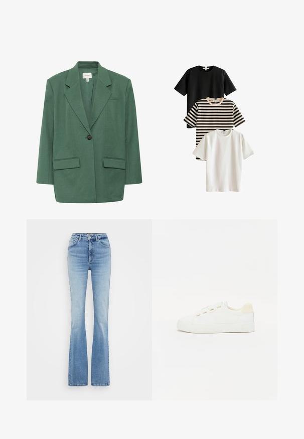 Gestuz CALLIA - Halflange jas - posy green melange; Drie T-shirts: een zwarte, een witte en een gestreepte in zwart en beige. Alle hebben korte mouwen en een ronde hals, gemaakt van gladde stof.; Lichtblauwe uitlopende jeans van denim, met een hoge taille, vijfzakken ontwerp en subtiele vervaging met zichtbare stiksel details.; Witte sneaker met een bovenwerk van canvas, ronde neus en platte rubberen zool. Beschikt over gouden oogjes en een lichtbeige hielaccent.