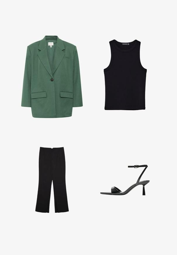 Gestuz CALLIA - Kort kappa / rock - posy green melange; Svart linne i bomull, med rund halsringning och breda armhål. Slät yta med sydda fållar. Klassisk, minimalistisk design.; Svarta byxor med rak passform, utrustade med framfickor och sidoklyvningar vid fållen. Tillverkade av mjukt, slätt tyg. Lämpliga för olika tillfällen.; Bershka Sandaletter - black