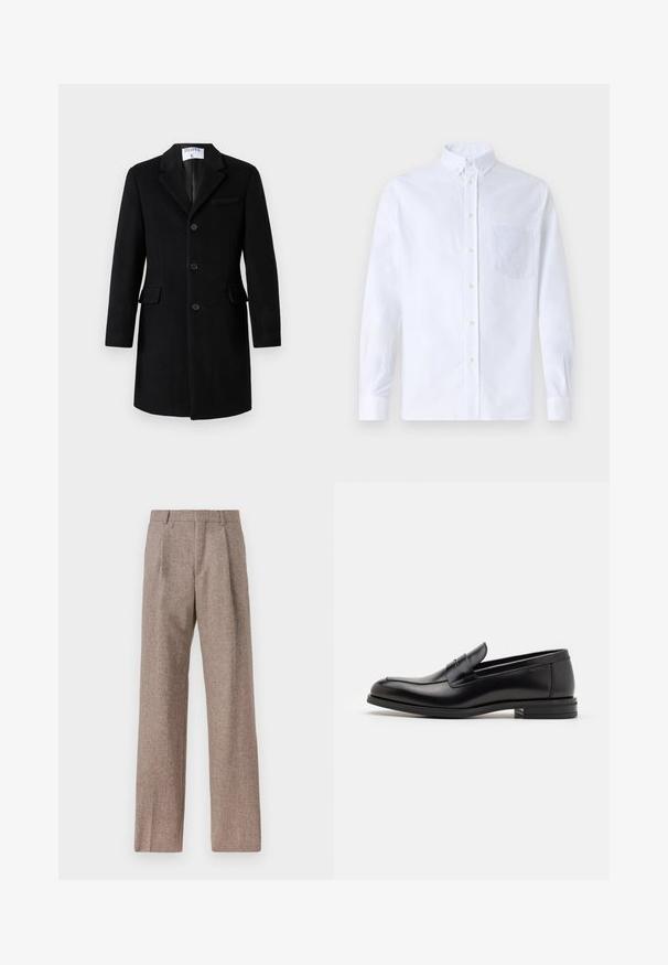 Juodas vieno mygtuko vilnonis paltas su išpjautomis atlapomis, trimis mygtukais, dviem kišenėmis su atvartu ir krūtinės kišenę, kabantis prieš baltą foną.; Balta ilga rankovė mygtukų marškiniai, pagaminti iš medvilnės, su krūtine kišene ir toniniu siuvinėjimu, apykakle ir mygtukų apvadu.; Rudos, aukšto liemens kelnes, pagamintas iš tekstūruotos medžiagos. Plati kojos, dvi priekinės klostės struktūrai. Tvarkingas apdailos darbai, be matomų detalių.; Juodos odinės loafers, turinčios lygų paviršių, apvalią noselę ir dekoratyvinę juostą per priekinę dalį. Žemas krentantis kulnas, minimalistinis dizainas.