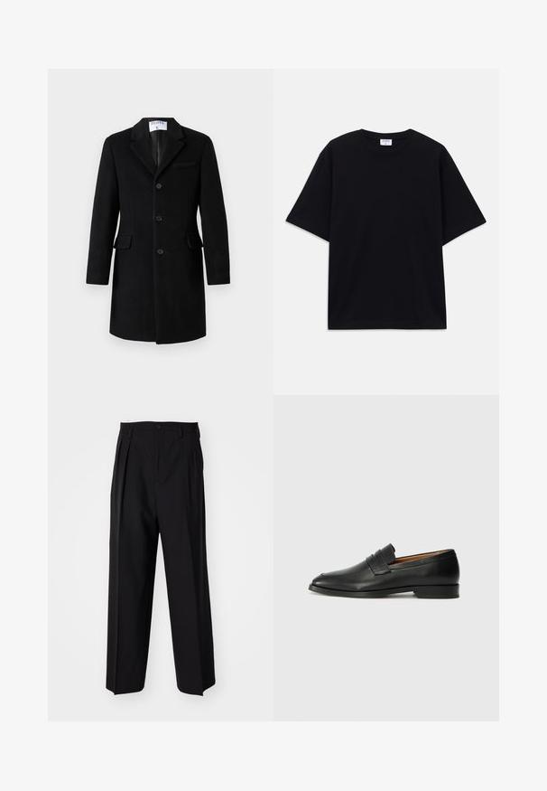 Mustas ühe nööbiga villane mantel, millel on sälgud, kolm nuppu, kaks klapiga taskut ja rinna pealt tasku, ripub valge tausta ees.; Must t-särk, lühikeste varrukatega, üle mõõdu, ümmarguse kaelusega ja nähtava Filippa K brändi sildiga kaelas.; Mustad volditud püksid sirge ja laia säärega disainiga. Valmistatud siledast kangast, millel on nuppudega sulgemine ja vööaasad.; Must musta loafers ümarate varvastega, peene tikandiga ja madala kontsaga, millel on sile tekstuur ja minimalistlik disain.