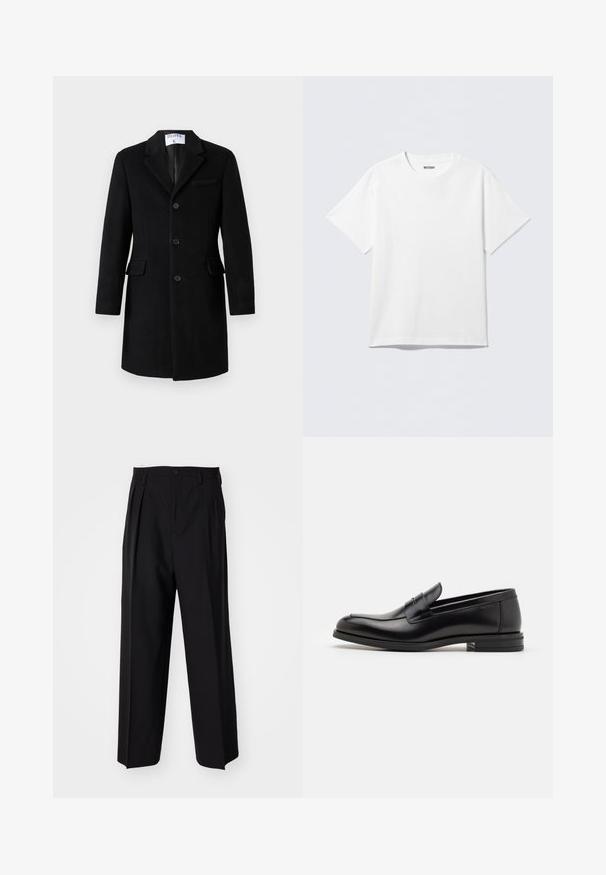 Abrigo de lana negro de una sola fila de botones con solapas muesca, tres botones, dos bolsillos de solapa y un bolsillo en el pecho, colgado sobre un fondo blanco.; Camiseta blanca de manga corta hecha de algodón, con cuello redondo y un ajuste holgado. La tela tiene una textura suave y uniforme.; Pantalones negros plisados con un diseño recto y de pierna ancha. Fabricados en una tela suave, presentan un cierre de botón y trabillas para el cinturón.; Mocasines de cuero negro con una textura suave, puntera redondeada y una tira decorativa en el empeine. Tacón bajo apilado, diseño minimalista.