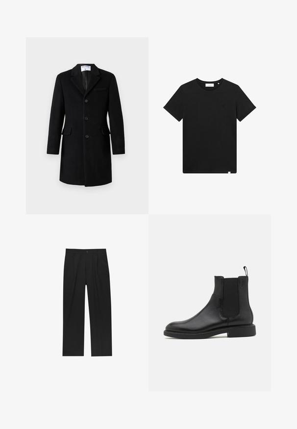 Zwarte enkelvoudig knopen wollen jas met notch revers, drie knopen, twee klepzakken en een borstzak, hangend tegen een witte achtergrond.; Zwarte T-shirt met korte mouwen van katoen, met een ronde hals en een klein logo geborduurd op de borst. Soepele textuur, normale pasvorm.; Zwarte broeken met een recht model, gemaakt van een gladde stof. Voorzien van een voorplooien en een enkele knoopsluiting bij de taille.; Zwarte leren enkelboot met een gladde textuur, elastische zijpanelen en een trekhaak. Ronde neus en platte rubberen zool met minimale profiel.