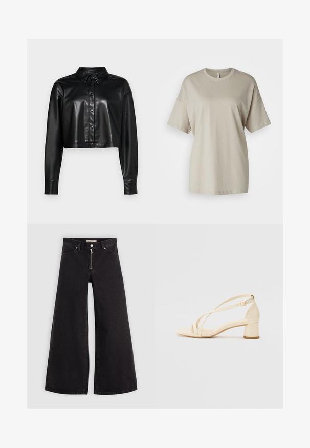 Supjaustyta juodos odos marškiniai su sagomis priekyje, smailiu apykakle ir ilgomis rankovėmis. Yra blizgus paviršius ir standartinės sagų detalės.; Šviesiai rudos spalvos marškinėliai, pagaminti iš minkštos medvilnės, su apvalia iškirpte, trumpomis rankovėmis ir laisvu siluetu bei tiesiu apvadu.; Plačios kojų džinsai iš juodo džinsinio audinio su užtrauktuku priekyje, penkių kišenių dizainu ir subtiliais siuvinėjimo akcentais. Lygus paviršius ir laisvalaikio stilius.; Bežiniai aukštakulniai sandalai su bloko kulnu, juostelių dizainu ir reguliuojama kulkšnies juostele, pagaminti iš lygaus sintetinės medžiagos su matinio paviršiaus apdaila.