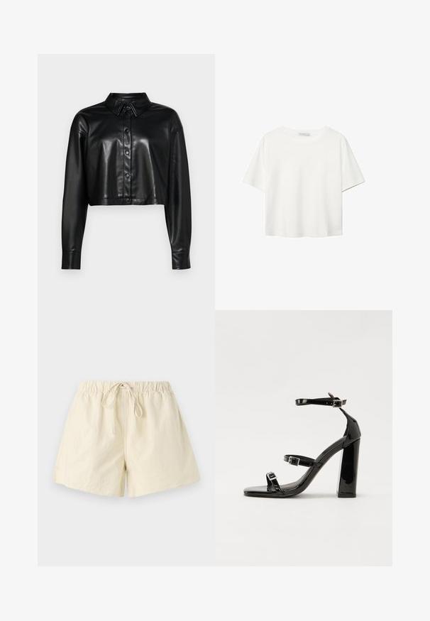 Kratka črna usnjena srajca z gumbom spredaj, koničastim ovratnikom in dolgimi rokavi. Ima sijajen zaključek in standardne gumbne zaponke.; Bela kratka majica s kratkimi rokavi iz bombaža. Ima okroglo izrezovanje in sproščen kroj. Gladka tekstura brez vidnih vzorcev ali poudarkov.; Bež šorts z elastičnim pasom in vrvico za zavezovanje, ki ima sproščen kroj in gladko teksturo. Brez vidnih žepov ali vzorcev.; Črne lakirane sandale s peto, kvadratnim prstom, trakovi okrog gležnja in srebrnimi zaponkami. Opremljene so s stabilno Debelo peto.