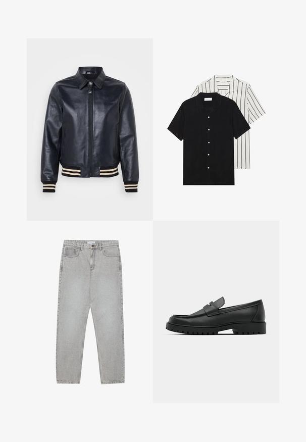 Schott STRIPE - Bomber jakna - navy/off white; Dve majice s kratkimi rokavi: ena enobarvna črna, druga bela z črnimi navpičnimi črtami. Obe imata gumbaste zapenke in klasičen ovratnik.; Svetlo sivi traper hlače s ravnim krojem, pet žepov in gumbom za zapiranje. Vidno šivanje ob šivih.; Črne usnjene loafers čevlje z zaobljenim nosom, ki imajo šivano zasnovo, nizko platformo in teksturiran, profiliran gumijast podplat.