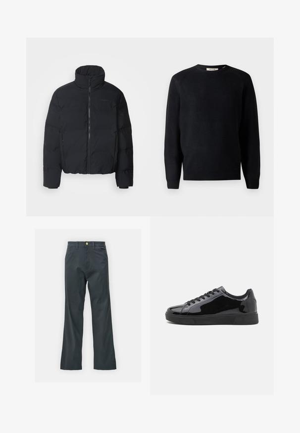 Jachetă puffer neagră cu guler înalt, fermoar frontal și manșete elastice. Prezintă un design matlasat cu o finisare netedă. Branding minimal vizibil.; Pulover negru tricotat, cu decolteu rotund, mâneci lungi și textură ribbată. Prezintă linii curate și o croială clasică pentru versatilitate.; Pantaloni negri cu croi drept, confecționați dintr-un material din bumbac. Dispun de un închidere cu nasture metalic și buzunare laterale. Fără modele vizibile.; Tenisi din piele lacuită neagră, cu vârf rotund, talpă plată din cauciuc și șireturi negre. Textură netedă și lucioasă pe suprafața superioară.