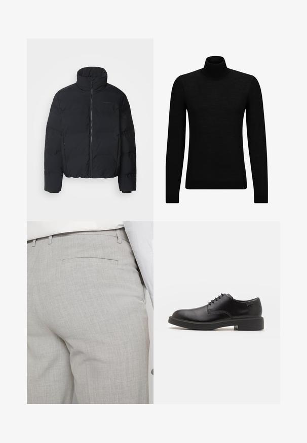 Fekete puffkabát magas gallérral, elülső cipzárral és elasztikus mandzsettákkal. Tűzött mintázattal és sima felülettel rendelkezik. Minimális látható márkajelzés.; Fekete garbó pulóver puha anyagból, hosszú ujjakkal és szoros fazonnal. Ribbed díszítés az alján és az ujjak végén. Egyszerű dizájn.; Világosszürke, texturált anyagból készült szabott nadrág, egyetlen hátsó zsebbel és tiszta varrással.; Fekete bőrcipő, kerek orrú, sima felületű, minimális varrással és alacsony gumitalppal. Logó a sarokrészen.