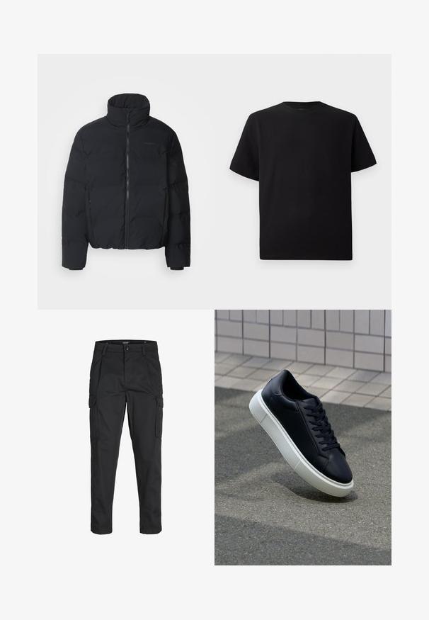 Fekete puffkabát magas gallérral, elülső cipzárral és elasztikus mandzsettákkal. Tűzött mintázattal és sima felülettel rendelkezik. Minimális látható márkajelzés.; Fekete, rövid ujjú póló texturált anyagból, kerek nyakkivágással és laza fazonnal. Egyszerű, minta és díszítés nélkül.; Fekete cargo nadrág, amely tartós anyagból készült, több zsebet tartalmaz, gombos záródással rendelkezik, és karcsú szabású, szűkített lábakkal bír.; Fekete bőr sportcipő lekerekített orral és fehér gumitalppal. Lapos fűzőkkel és minimális varrásokkal rendelkezik a felsőrészén. Mintás talp a tapadásért.