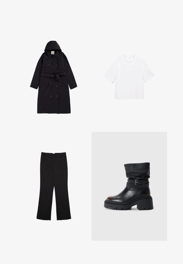 Černý trenčkot z hladkého materiálu, s kapucí, dvouřadým zapínáním na černé knoflíky a odpovídajícím opaskem.; Bílý bavlněný tričko s krátkým rukávem a kulatým výstřihem. Jednoduchý design, volný střih, hladká textura. Žádné vzory ani zvýraznění nejsou viditelné.; Černé kalhoty s rovným střihem, s předními kapsami a bočními rozparky na lemu. Vyrobené z jemné, hladké tkaniny. Vhodné na různé příležitosti.; Černé kožené kotníkové boty s volným horním dílem, detailem přezky a silnou, robustní podešví. Mají kulatou špičku a hladký povrch.