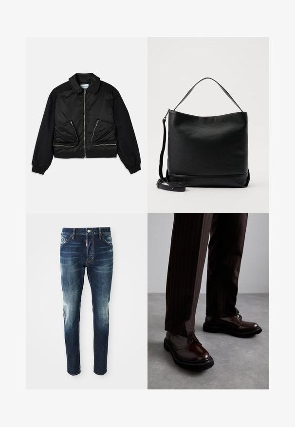Black bomber jacket with a zip front, fabric contrasting sleeves, and two large zippered pockets on the front. Smooth, shiny texture.; White cotton sleeveless tank top with a round neckline, featuring a smooth texture and a fitting shape, designed for casual wear.; Dark blue denim jeans with a slim fit, featuring faded areas on the thighs and knees, five pockets, and a metal button closure.; Brown leather lace-up shoes with a glossy finish, black rubber sole, and subtle stitching. Worn with pinstriped brown trousers.; Black leather shoulder bag with a textured finish, a curved top, and a detachable strap. Features a simple design with minimal hardware.