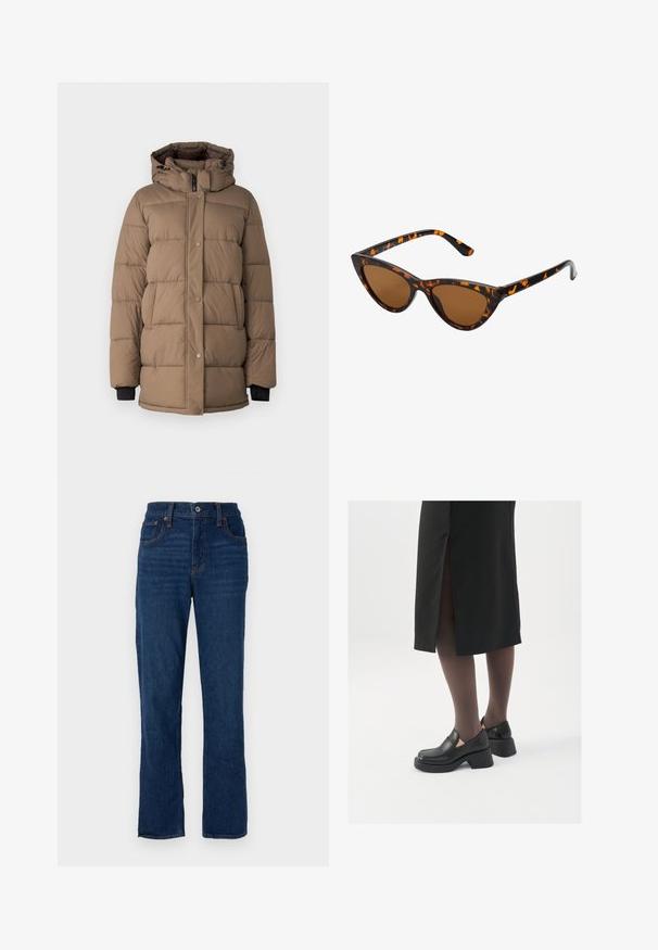 Rjav podložen plašč s kapuco, z sprednjim zadrgo in gumbi na pritisek, stranskimi žepi ter črnimi akcentnimi manšetami. Mehka tekstura in prešita zasnova.; Turkizni pulover s kapuco in vrvico, dolgimi rokavi in ribastimi manšetami. Narejen iz mehkega blaga s sproščenim krojem.; Temno modri traperje ravnega kroja z obliko petih žepov, oranžnim šivanjem in z gumbom za zapiranje v pasu.; Črne usnjene čevlje s zaobljenim prstom, debelim blokastim petama in elastičnimi stranskimi detajli, v kombinaciji s temno nogavicami in črno krilo z razporkom.; Mačje oči sončna očala z okvirom v črno-oranžni želvej ohišji, rjavimi lečami in elegantnimi, ostrimi konicami. Imajo minimalistični logo na ročaju.; Srebrni uhani v obliki obročka s spiralnim dizajnom, ki imajo sijajno površino in zapiralo na zadnji strani. Mere znašajo približno 3 cm v premeru.