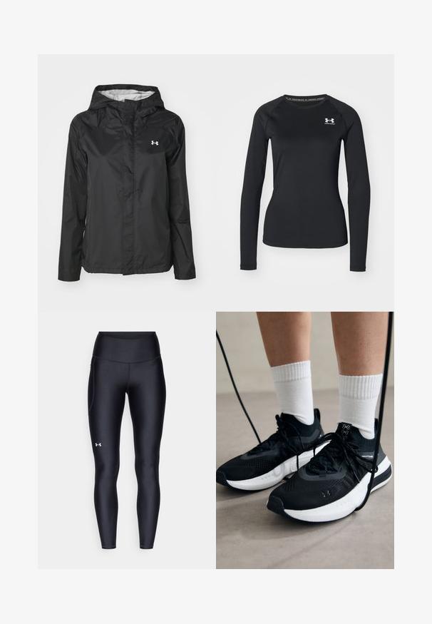 Fekete esőkabát vízálló anyagból. Kapucnival, elöl cipzáras záródással és egy kis fehér logóval a bal felső oldalon.; Fekete, hosszú ujjú sportpóló sima anyagból, kerek nyakkivágással és egy kis fehér logóval a bal mellrészen.; Fekete leggings sima, rugalmas anyagból, magas derékkal. Bal combján fehér logó található, és testhezálló kialakítású.; Fekete sportcipők textúrált anyagból, fehér talppal és fekete fűzőkkel. Fehér bordázott zoknikkal viselve, világos felületen állva.