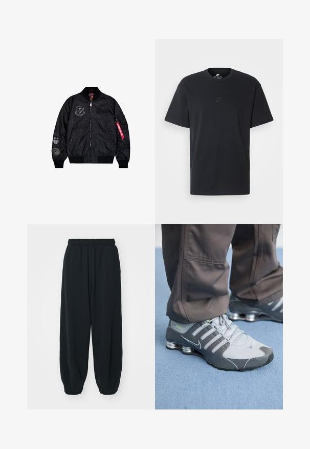 Must musternahk, mis on valmistatud siledast nailonist. Omab lukuga sulgemist, soonikkoes krae ja mitmeid plekkide detailide jaoks varrukatel.; Nike musta mustast puuvillast T-särk klassikalise ümmarguse kaelusega, lühikeste varrukatega ja õrna, reljeefse logoga rinnal. Sile tekstuur.; Mustade elastse vöökoha ja laia lõikega dressipüksid, mansetiga sääred, sile tekstuur ning ilma nähtavate mustrite või detailideta.; Hallid ja hõbe Nike Shox tennisetossud on varustatud elegantse disainiga, neil on võrkkangas ja sünteetilised materjalid, ümar varvas ja pehmendatud kaelus.
