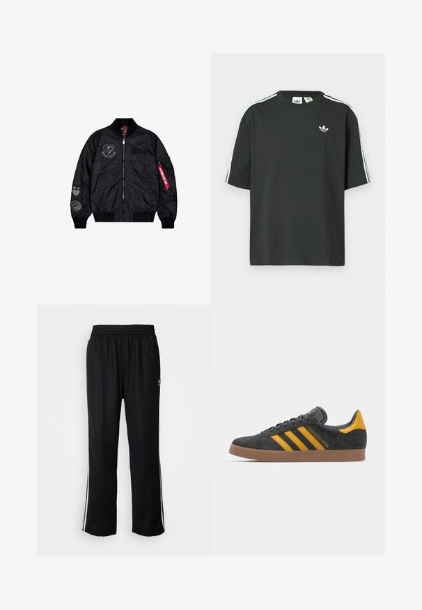 Jachetă bomber neagră, confecționată din nylon neted. Prezintă un închizător cu fermoar, manșete ribbate și multiple insigne pe mâneci pentru un plus de detaliu.; Tricou negru din bumbac cu mâneci scurte, guler rotund și detalii albe cu trei dungi pe umeri. Prezintă un logo mic alb pe piept.; Pantaloni atletici negri cu talie elastică, având dungi albe pe laterale și un mic logo. Materialul pare moale și ușor.; Tenisi negri din suede cu accente galbene, având trei dungi și o talpă din cauciuc maroniu. Include un limba căptușită pentru confort.
