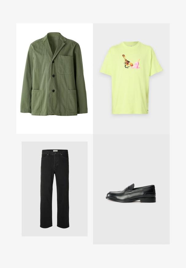 Olivno zelena jakna iz bombaža s sladkim otipom. Ima klapaste reverje, tri sprednje žepe in gumbasto zapiranje.; Limeta zelena bombažna majica z grafiko ptice in rožnato sladoledno korneto, s preprostim okroglim izrezom in kratkimi rokavi.; Črne usnjene naravne hlače imajo klasičen pet-žepni dizajn z gumbom za zapiranje, minimalnim šivanjem in mehkim občutkom.; Črni usnjeni loafersi z gladko površino, šivanim detajlom čez vamp in rahlo dvignjenim peto.