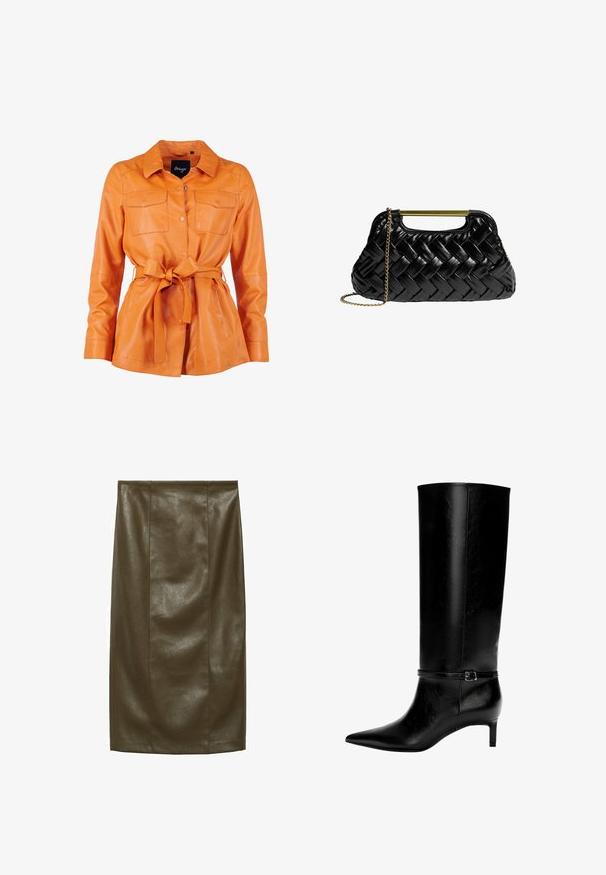 Orange læderjakke med krave, to brystlommer og et bælte, der kan ties i taljen. Glat tekstur med en tætsiddende silhuet.; Lacebluse i mauve med en flæset halsudskæring, lange ærmer og båndsløjfe fortil; har flared, flæset ærmekant.; Oliven grøn pencil skirt i faux læder med en glat tekstur, knælængde, der har lodrette sømme for et skræddersyet look.; Sort læderknæhøj støvle med spids tå og en lille hæl. Har en smal rem med en metallisk spænde omkring anklen. Glat overflade.; Sort vævet lædertaske med et guldmetallisk håndtag og en fjernbar kædebeslag. Har en glansfuld overflade og blød, afrundet form.