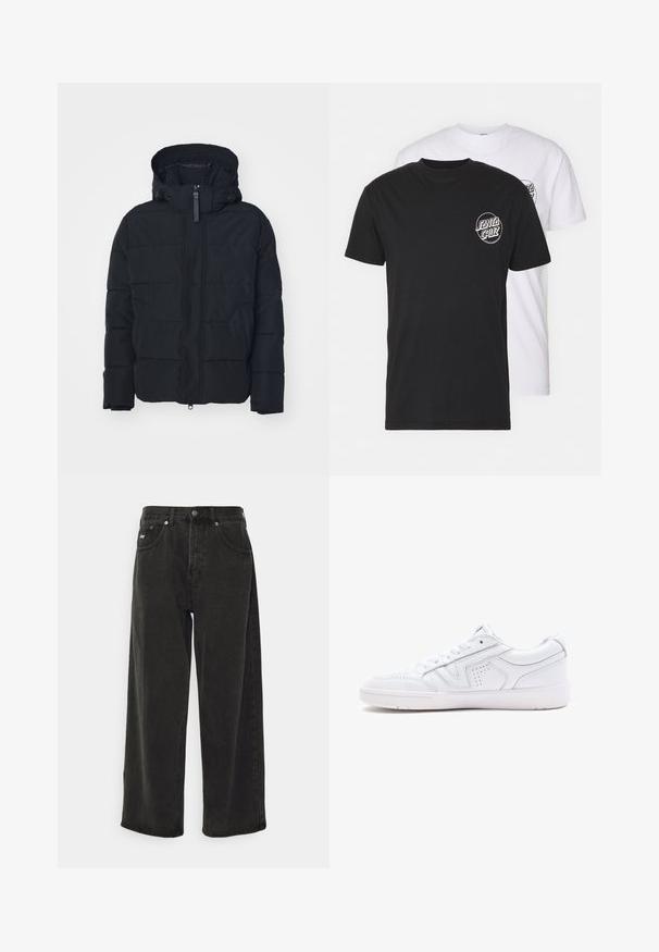 Melna pūkaina jaka ar rāvējslēdzēju priekšā, kapuci un horizontālām šķiedrām. Iekļauj pielāgojamus velkamos auklas un elastīgas piedurknes.; Divas divu t-kreklu komplekts: viens melns, otrs balts. Abiem ir īsas piedurknes un apļa logo uz krūtīm kontrastējošā krāsā. Kokvilnas materiāls.; Obey Clothing BIGWIG BAGGY - Plati džinsi - black; Balta ādas tenisa apavi ar zemu profilu, ovāla forma, perforēta apdare un teksturēts zolīte. Iekļautas auklas un smalki šuvumi.
