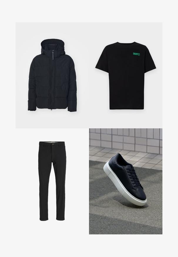 Juodas pūkuotas džemperis su užtrauktuku, su gaubtu ir horizontaliu siuvinėjimu. Yra reguliuojami raišteliai ir elastingi rankogaliai.; Juodas medvilninis marškinėliai trumpomis rankovėmis. Priekyje yra žalias „ROOTS“ logotipas, apvalus iškirpimas ir standartinė prigludimo forma.; Juodi medvilnės mišiniai kelnės su siauru siluetu, su mygtuko uždarymu, kišenėmis ir sukamučiais galais, suteikiančiais laisvalaikio stilių.; Juodas odinis sportbačius su apvaliu pirštu ir baltu gumuotu padu. Turi plokščias raišteles ir minimalų siuvimą viršuje. Padangos tekstūra užtikrina sukibimą.