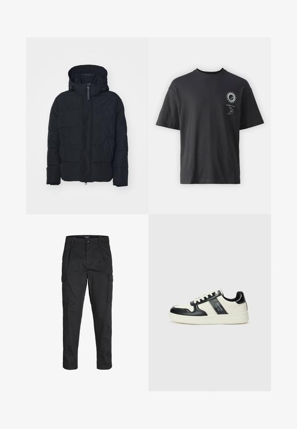 Giacca a vento nera con zip frontale, cappuccio e motivo trapuntato orizzontale. Caratterizzata da coulisse regolabili e polsini elastici.; T-shirt in cotone nero con maniche corte, collo rotondo e grafica frontale di un sole e una luna, accompagnata dal testo "Le Soleil et La Lune."; Pantaloni cargo neri realizzati in un tessuto resistente, dotati di molteplici tasche, chiusura con bottone e un design aderente con gambe affusolate.; Sneakers in pelle con una combinazione di colori nero e crema, dotati di dettagli perforati, collare imbottito e suola testurizzata.