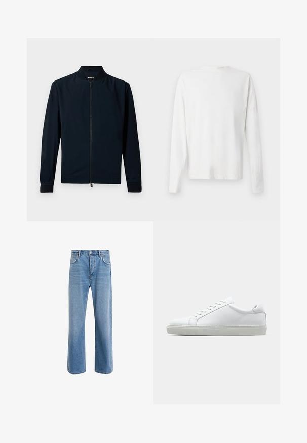 Ναυτικό bomber μπουφάν από λείο ύφασμα, με μπροστινό φερμουάρ, όρθιο γιακά και ριχτές μανσέτες, με μινιμαλιστικό σχέδιο.; Λευκό βαμβακερό πουκάμισο μακρυμάνικο με στρογγυλή λαιμόκοψη, πλαϊνές σχισμές στο κάτω μέρος και λεία υφή, εμφανιζόμενο από πίσω.; Ανοιχτό μπλε τζιν παντελόνι με ευθεία γραμμή, πέντε τσέπες, κλείσιμο με κουμπί, ελάχιστη φθορά και αντίθετες ραφές.; Λευκό αθλητικό παπούτσι με άνω μέρος από λείο δέρμα και χαμηλό προφίλ. Διαθέτει στρογγυλεμένη μύτη, έξι τρυπούλες και υφασμένη καουτσούκ σόλα.