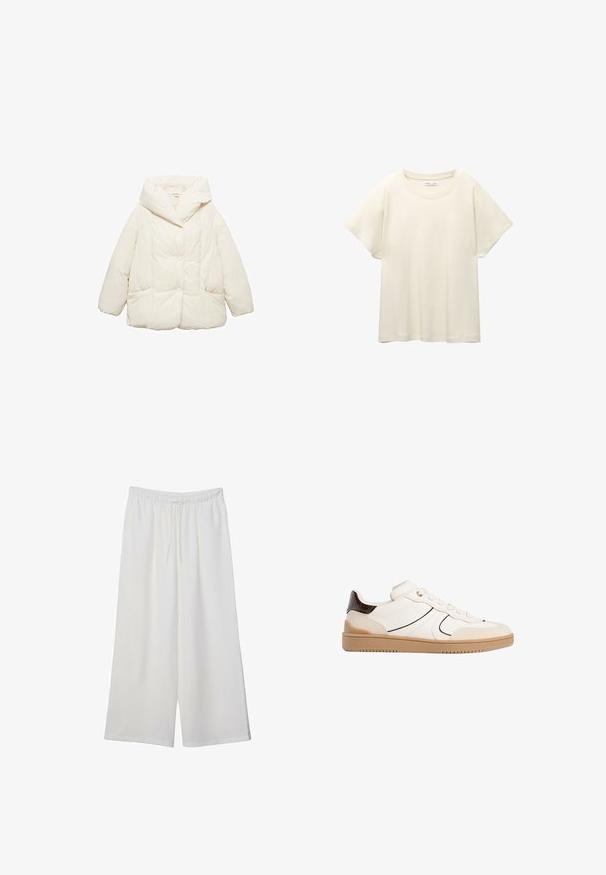 Přefouknutá bunda v světle krémové barvě, s velkou kapucí, zapínáním na knoflíky a dvěma předními kapsami s prošívanou texturou.; Svetle béžové tričko s krátkým rukávem a kulatým výstřihem, vyrobené z jemné, hladké tkaniny. Má uvolněný střih a rovný lem.; Bílé kalhoty s širokými nohavicemi vyrobené z lehké tkaniny, s elastickým pasem a stahovací šňůrkou pro nastavitelnou velikost. Hladká textura.; Stradivarius Tenisky - white