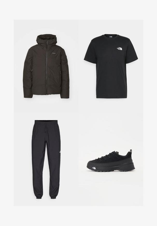 Fekete puffernadrág zipzárral, húzózsinórral ellátott kapucnival és oldalsó zsebekkel. Simább textúra és könnyű kialakítás a melegség érdekében.; Fekete pamut póló, rövid ujjú, kerek nyakkivágással és egy kis fehér logóval a bal mellrészen. Egyszerű dizájn, sima textúra és laza fazon.; Fekete sportnadrág, könnyű anyagból készült, húzózsinóros derékkal, oldalsó zsebekkel és szűkített szárakkal a bokáknál.; Fekete kültéri sneaker velúr felsőrésszel, texturált gumitalppal és strapabíró fűzőrendszerrel. Megerősített sarkú és oldalán márkalogóval rendelkezik.