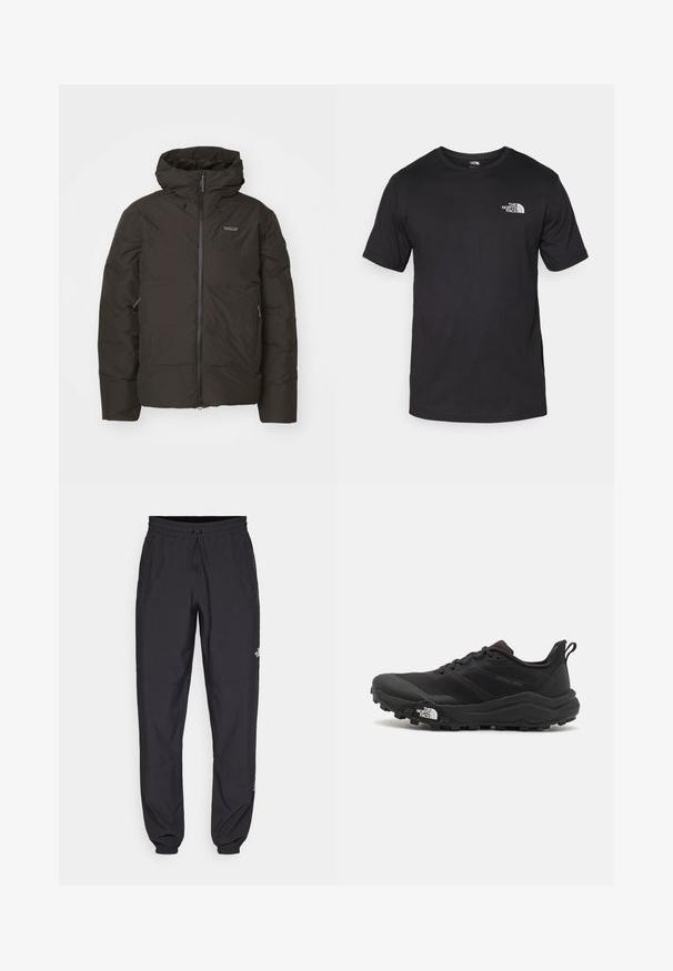 Crna puffer jakna s patentnim zatvaračem sprijeda, kapuljačom na rastezanje i bočnim džepovima. Glatka tekstura i lagan dizajn za toplinu.; Crna majica kratkih rukava od pamuka, s okruglim izrezom i malim bijelim logotipom na gornjem lijevom dijelu prsnog koša.; Crne sportske hlače od lagane tkanine, s pojasom na vezanje, bočnim džepovima i suženim manžetama na gležnjevima.; Crne trail trkačke cipele s teksturiranim gornjim dijelom, gumeni potplat i ojačana zaštita za prste. Imaju podstavljen ovratnik i trakicu za lakše obuvanje.