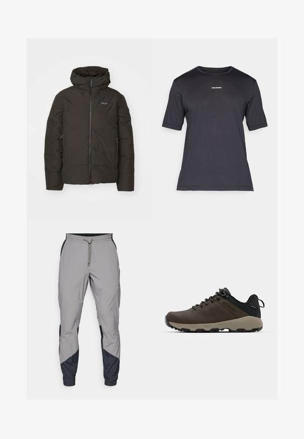 Black puffer jacket with a zip front, drawstring hood, and side pockets. Smooth texture and lightweight design for warmth.; Black short-sleeve performance t-shirt made of breathable fabric, featuring a crew neckline and small white "SALOMON" logo on the chest.; Lightweight, gray athletic pants with black accents. Elastic waistband, drawstring closure, tapered leg design, and side pockets.; Brown waterproof sneakers with a textured upper, perforated accents, black heel support, and a grey rubber sole. Laces are styled with metallic ends.