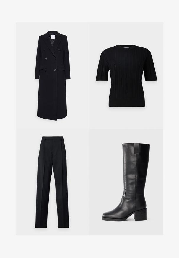 Samsøe Samsøe Klasikinis paltas - black; Filippa K BRAID - Džemperis - black; Juodos kelnės iš lygaus audinio, pasižyminčios aukštu liemeniu, plačiomis kojomis, priekinėmis klostėmis ir klasikiais diržo kilpomis. Šoninių kišenių nematyti.; Juodos odinės iki kelių siekiančios botai su lygiu paviršiumi, kvadratiniu pirštu, storu kulnu ir šoniniu kilputė, su minimaliais siuvimo akcentais.